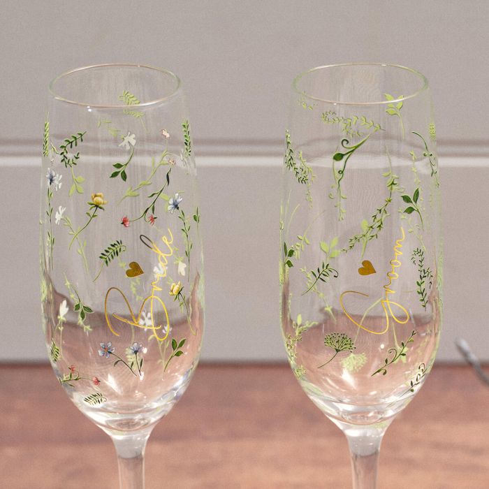 Wedding Set Of Two Champagne Flutes Bride & Groom