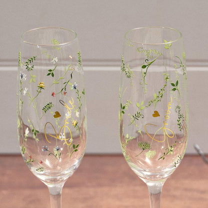 Wedding Set Of Two Champagne Flutes Bride & Groom