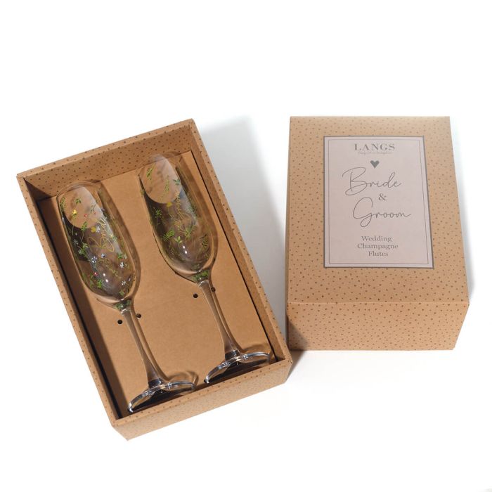 Wedding Set Of Two Champagne Flutes Bride & Groom