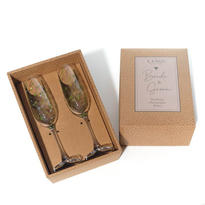 Wedding Set Of Two Champagne Flutes Bride & Groom