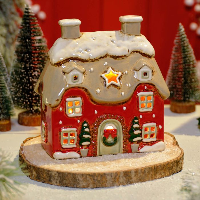 Xmas Cottage Stoneware Red House Candle Holder