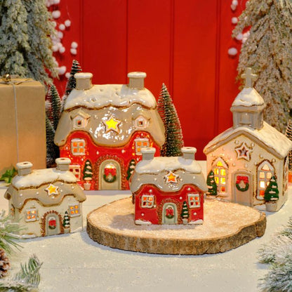 Xmas Cottage Stoneware Red House Candle Holder