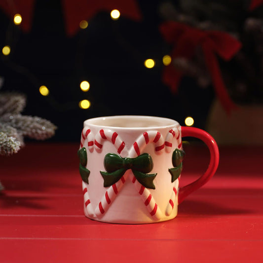 Merry Little Bows Embossed Ceramic Bow & Candy Cane Mug
