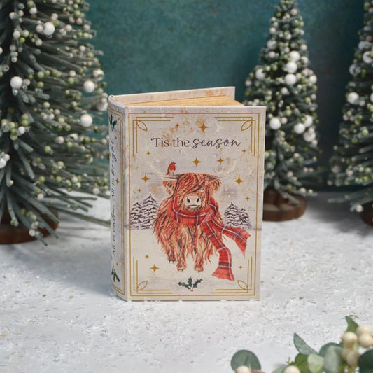 Highland Cow Christmas Faux Leather & Wood Book Box
