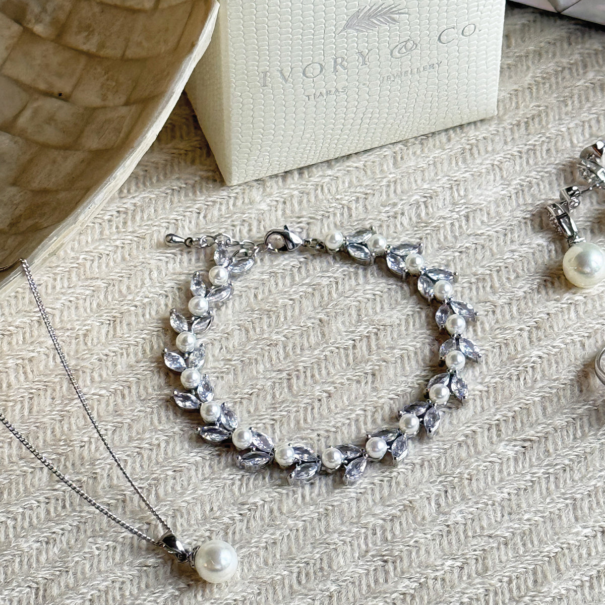 Ivory & Co Boston Silver Leafy Crystal Pearl Bracelet