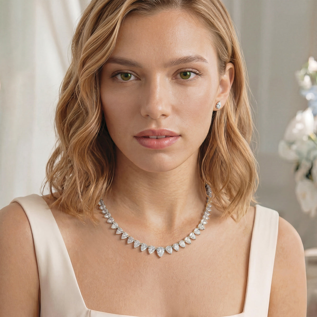 Manhattan Rhodium Crystal Pear Cut Necklace